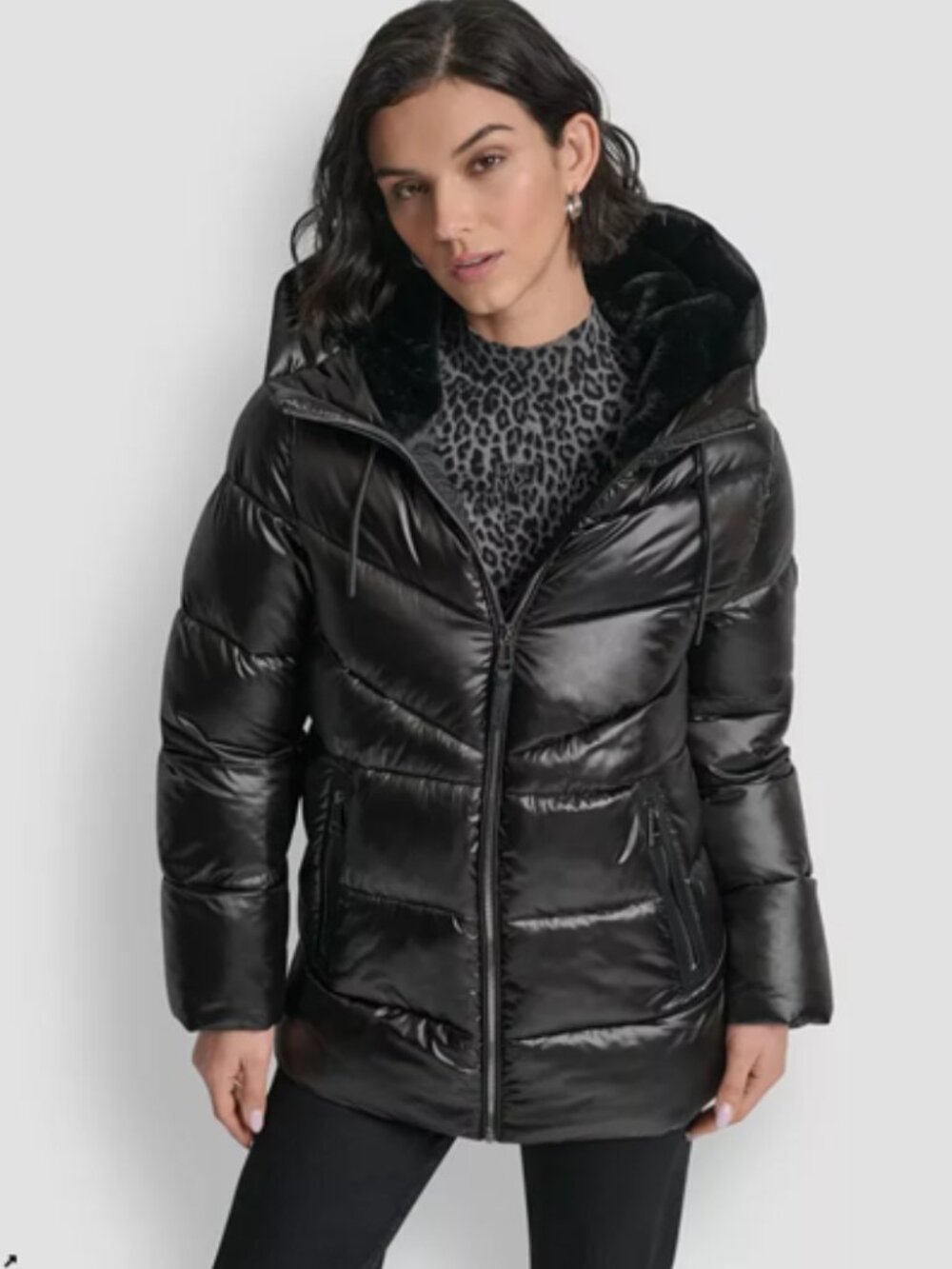 DKNY Glossy Black Puffer Coat, Size Small, NWT